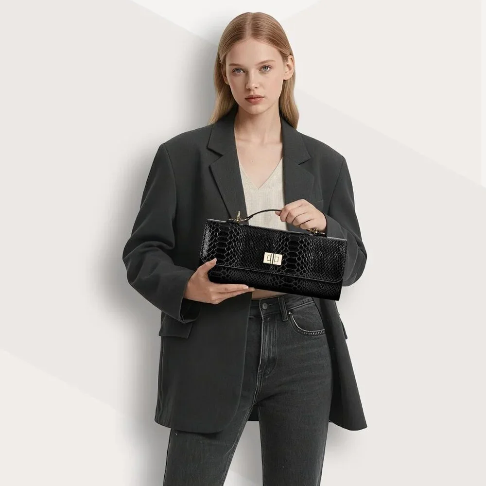Women Clutch Purse Faux Leather Evening Bag with Detachable Strap for Formal Eve